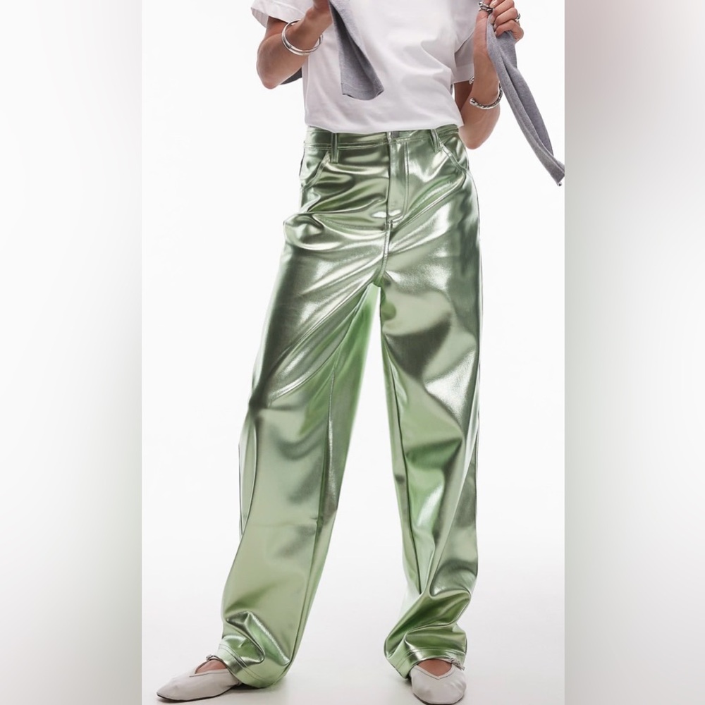 Topshop Straight Leg Faux Leather Trouser - Metallic Green